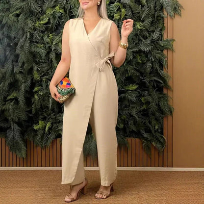 Women's Sleeveless Wide Leg Jumpsuit Belted Coral