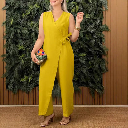 Women's Sleeveless Wide Leg Jumpsuit Belted Coral