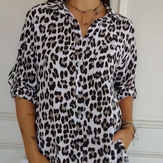 Women's Leopard Print V-Neck Blouse - Fashinoza