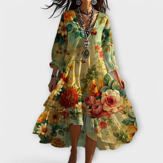 Women's Floral Maxi Dress V-Neck Three-Quarter Sleeves - 
Fashinoza
