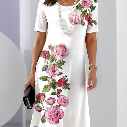Women's Floral Midi Dress Short Sleeves - Fashinoza