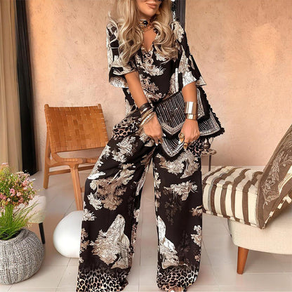 Women's Printed V-Neck And Pants Set - Fashinoza