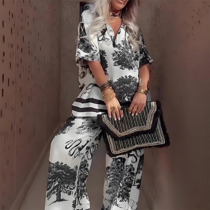 Women's Printed V-Neck And Pants Set