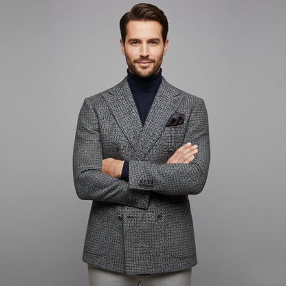 Men's Plaid Blazer Jacket Checked Double Breasted Wool