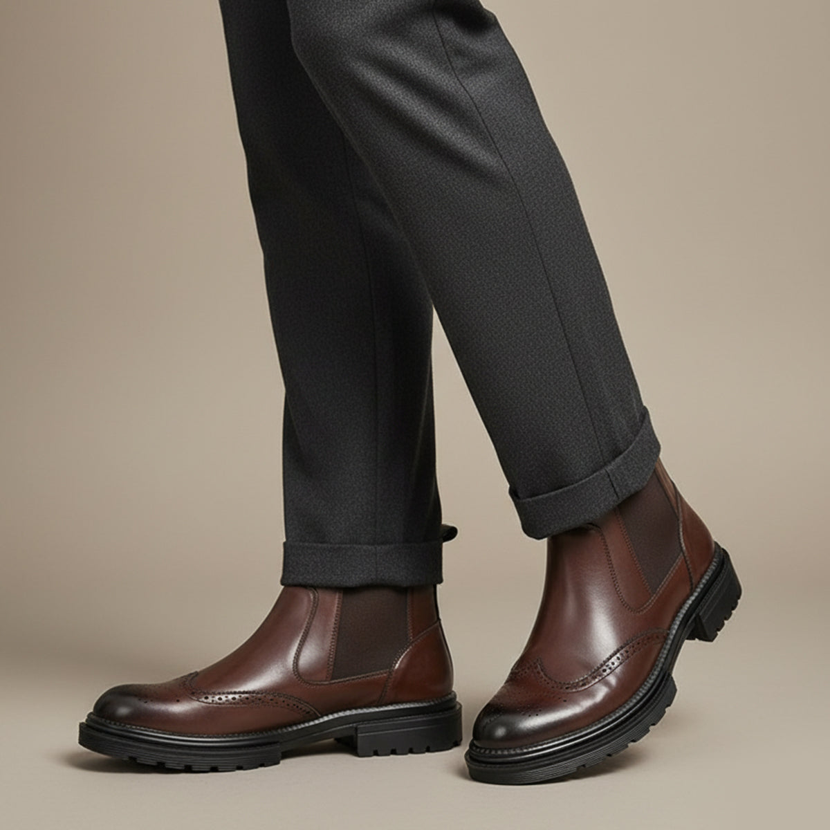Men's Leather Chelsea Boots Smart Brogue Brown