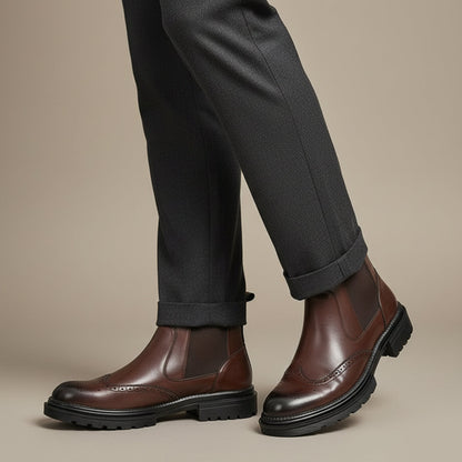 Men's Leather Chelsea Boots Smart Brogue Brown