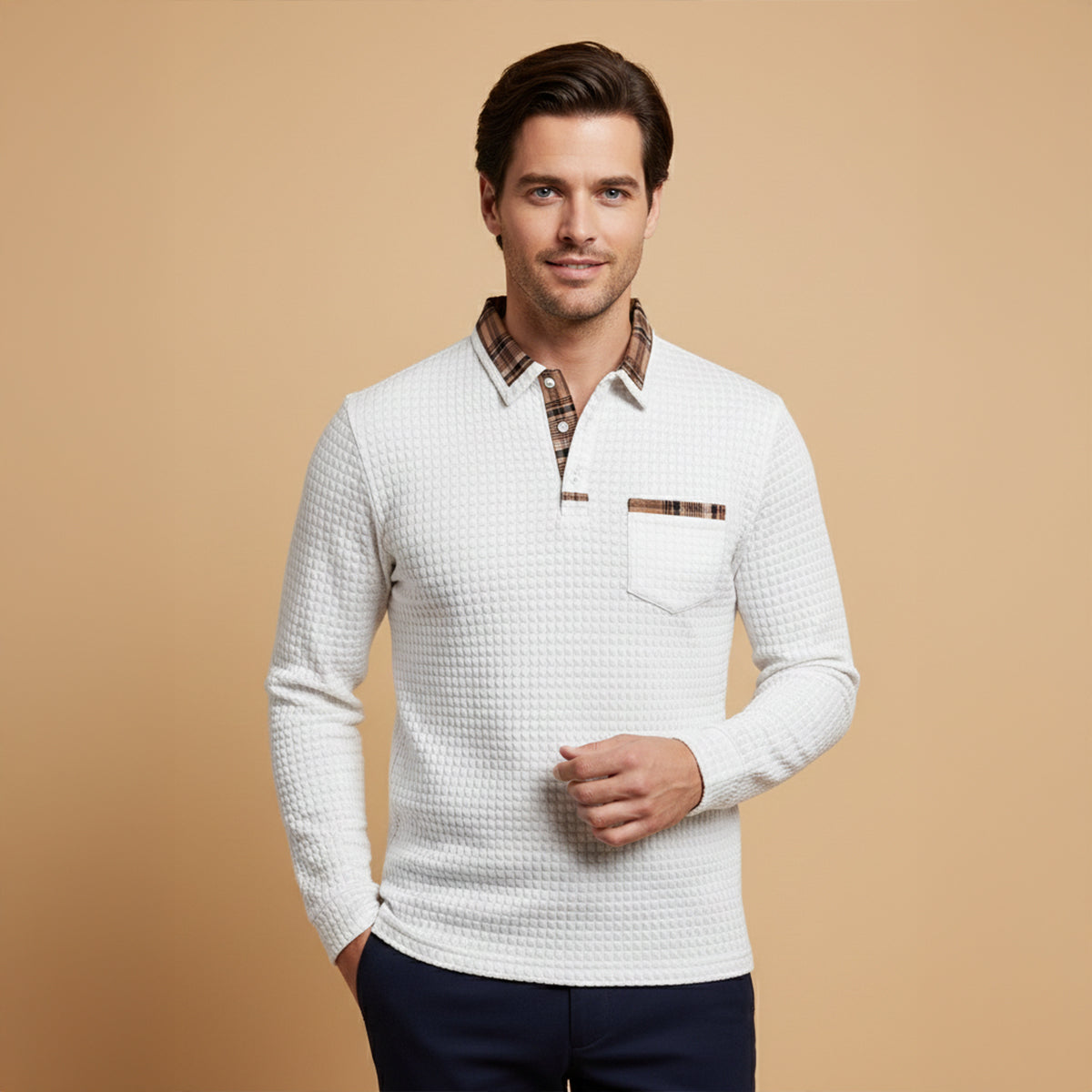 Men's Polo Sweater Waffle Knit Plaid Collar