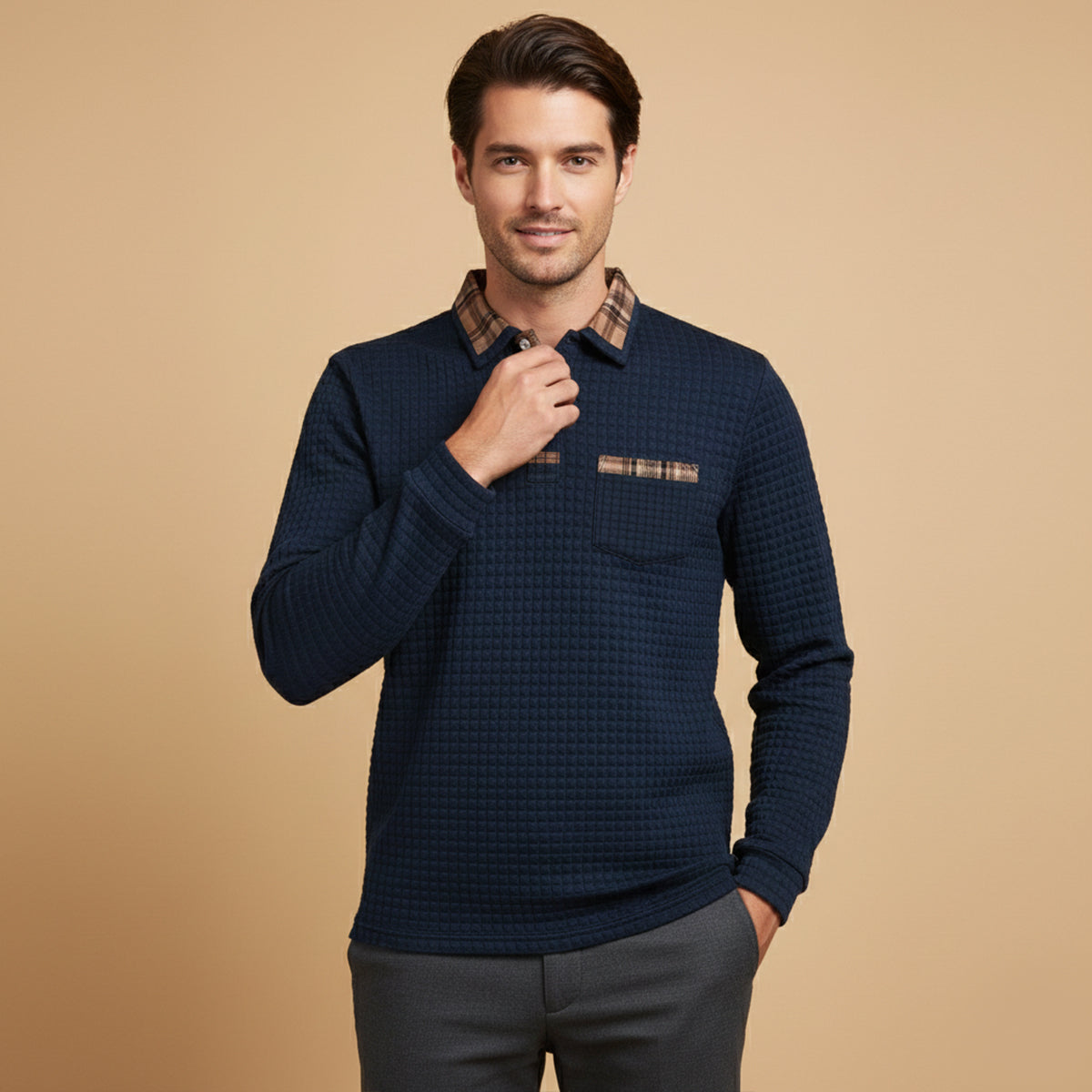 Men's Polo Sweater Waffle Knit Plaid Collar