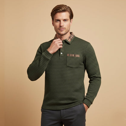 Men's Polo Sweater Waffle Knit Plaid Collar