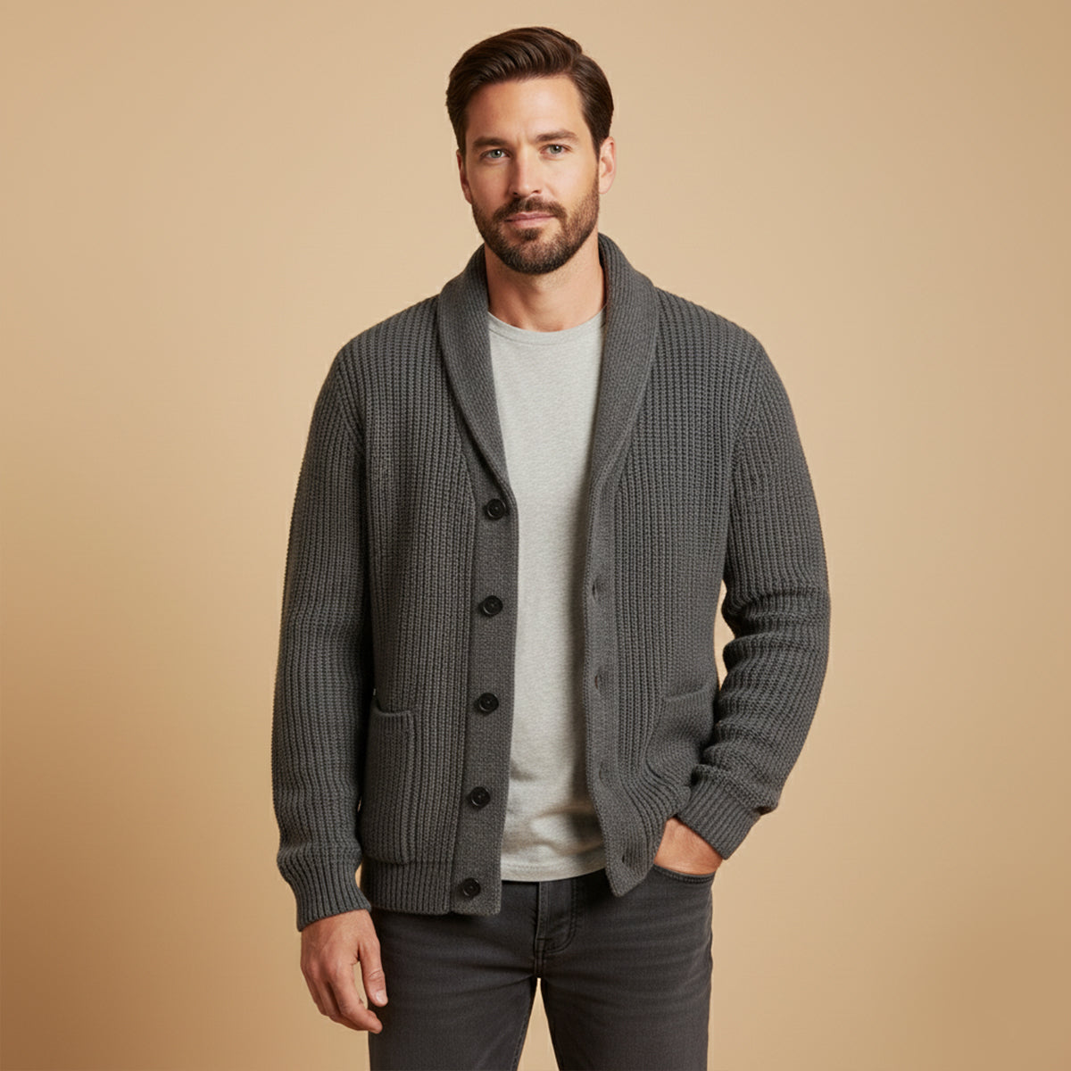 Men's Chunky Knit Cardigan Shawl Collar Cotton Blend