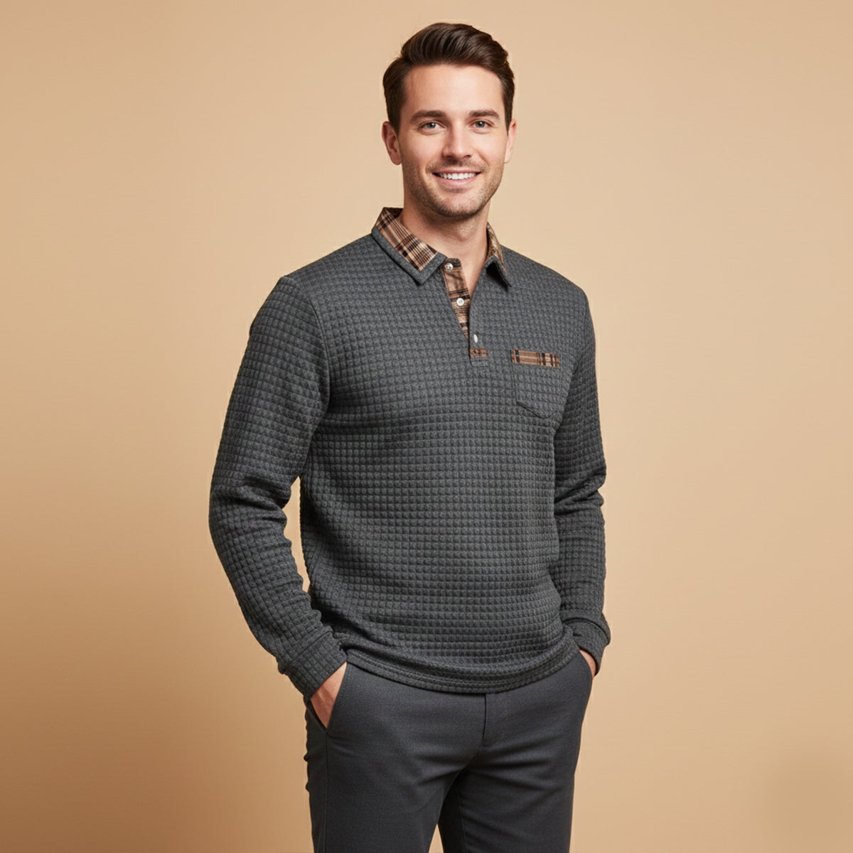 Men's Polo Sweater Waffle Knit Plaid Collar