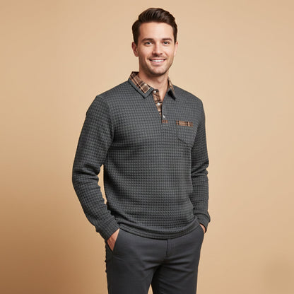 Men's Polo Sweater Waffle Knit Plaid Collar