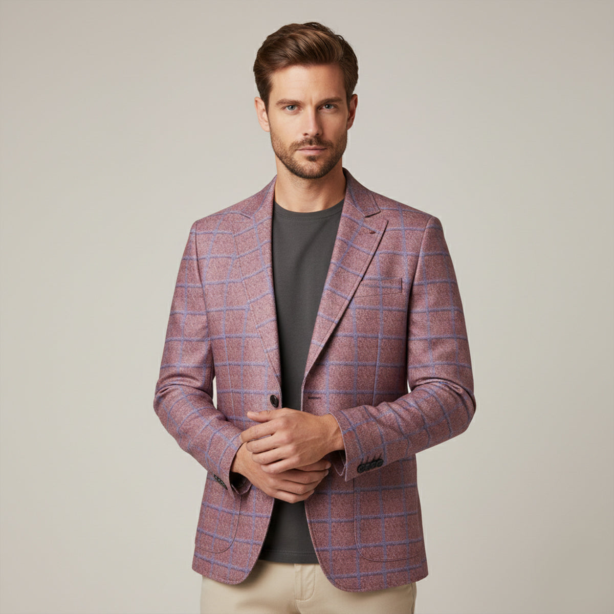 Men's Plaid Blazer Jacket Checked Double Breasted Wool