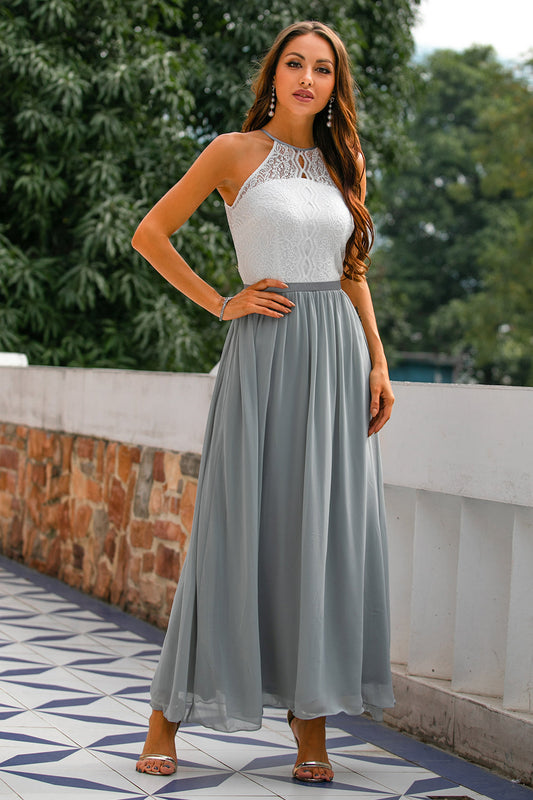 Women's Sleeveless Maxi Dress Lace Bodice Color Block - 
Fashinoza