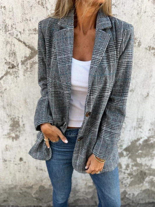 Women's Plaid Long Sleeve Blazer - Fashinoza