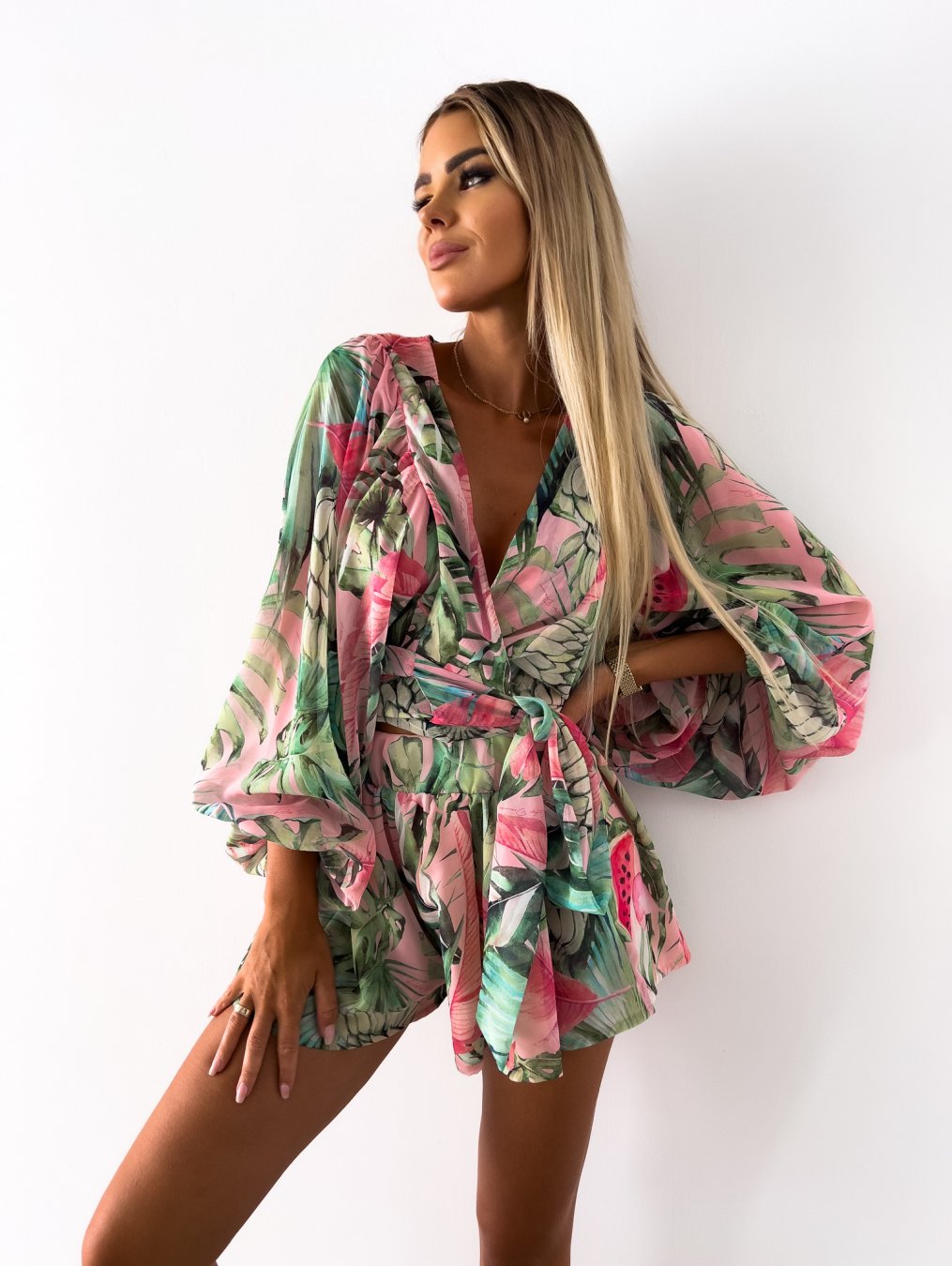 Women's Tropical Print Two-Piece Wrap Set - Fashinoza