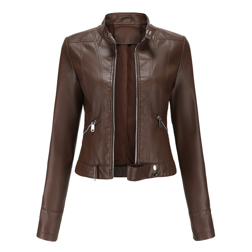 Women's Leather Jacket Zip High Collar Adjustable Belt
