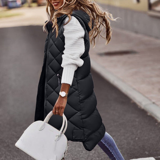 Women's Long Hooded Puffer Vest - Fashinoza