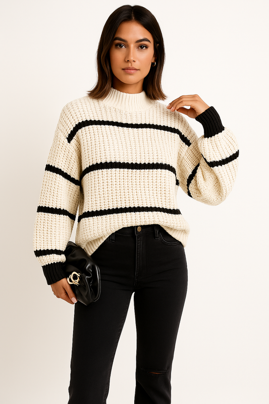 Women's Crew Neck Striped Sweater - Fashinoza