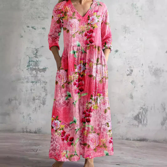 Women's Floral Print V-Neck Dress - Fashinoza