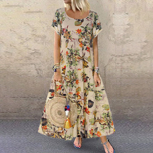 Women's Floral A-Line Maxi Dress Short Sleeve - Fashinoza