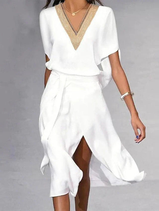 Women's Embroidered Midi Dress V-Neck Short Sleeves - 
Fashinoza
