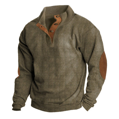 Men's Button Neck Pullover Sweater Elbow Patch - Fashinoza
