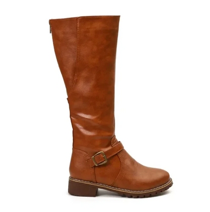 Women's Knee High Boots Buckle Strap Low Block Heel