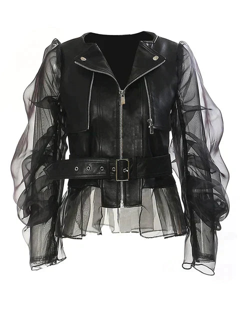 Women's Faux Leather Jacket Belted Waist Black - Fashinoza