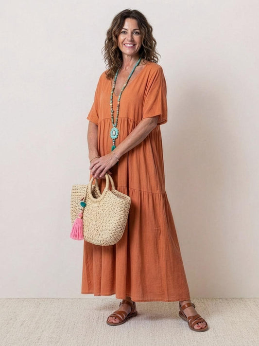 Women's V-Neck Maxi Dress Short Sleeves - Fashinoza