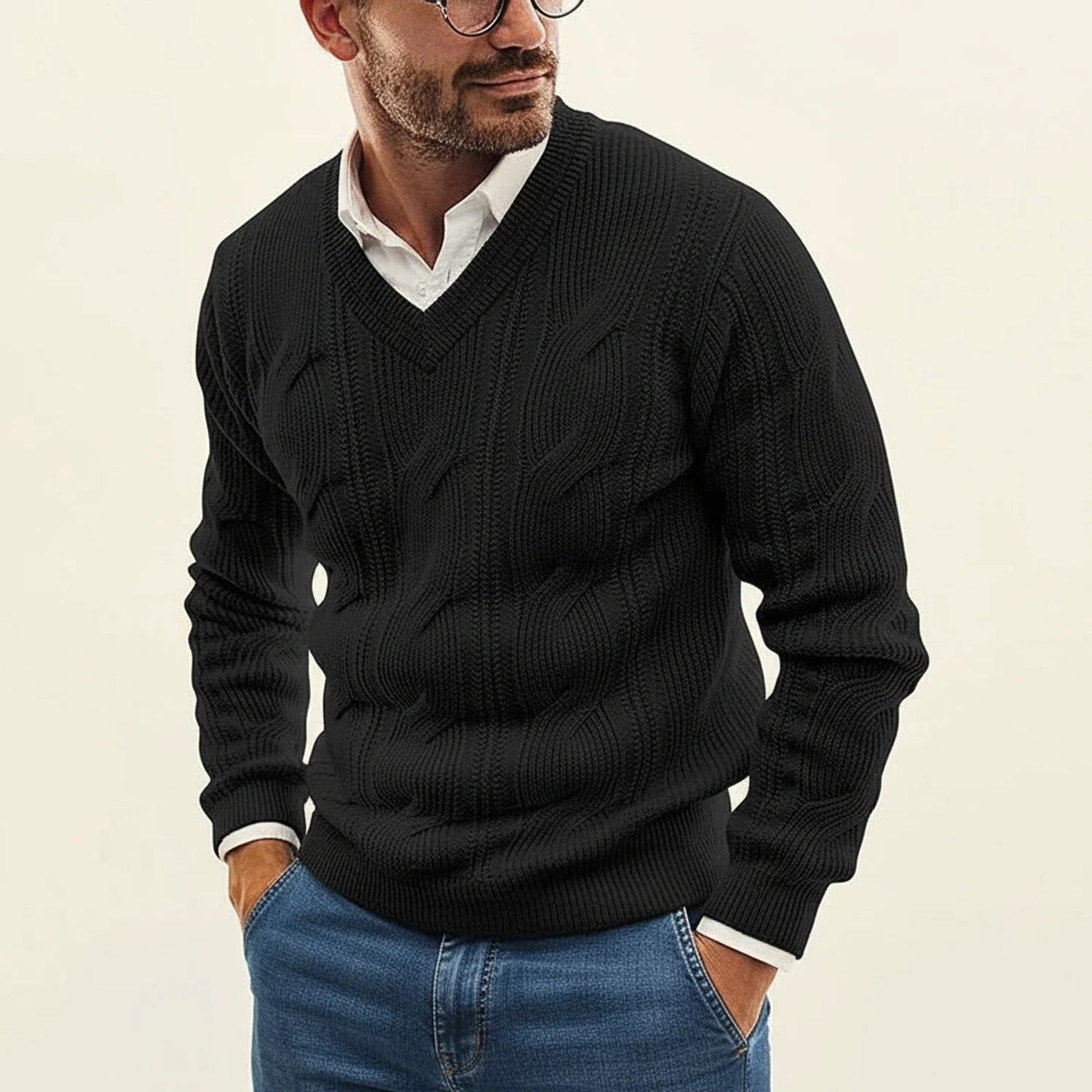 Men's V-Neck Cable Knit Sweater - Fashinoza
