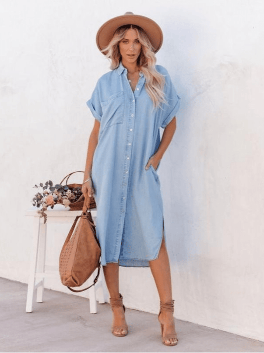 Women's Button Down Midi Shirt Dress - Fashinoza