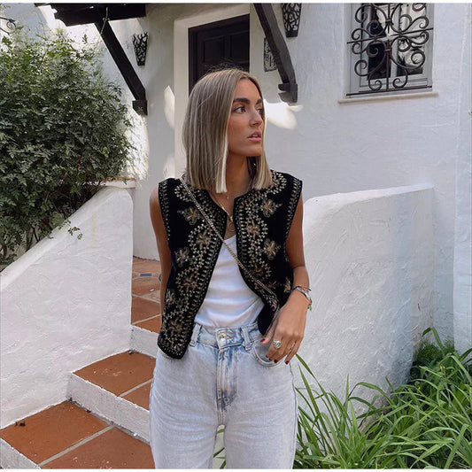 Women's Embroidered Sleeveless Vest Open Front Cotton Summer - Fashinoza