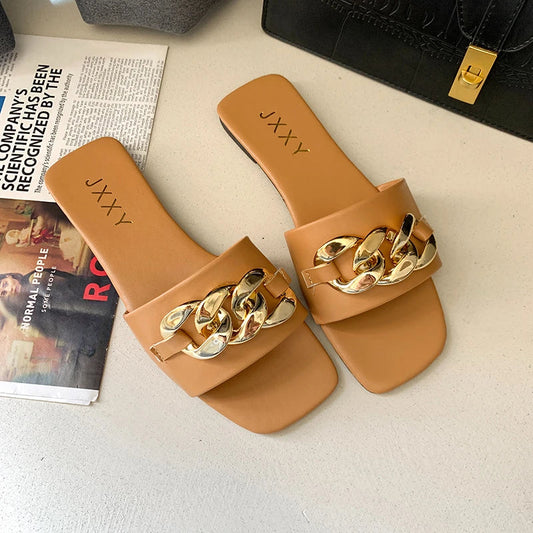 Vanessa Women's Open Toe Slides Chain Detail - Fashinoza