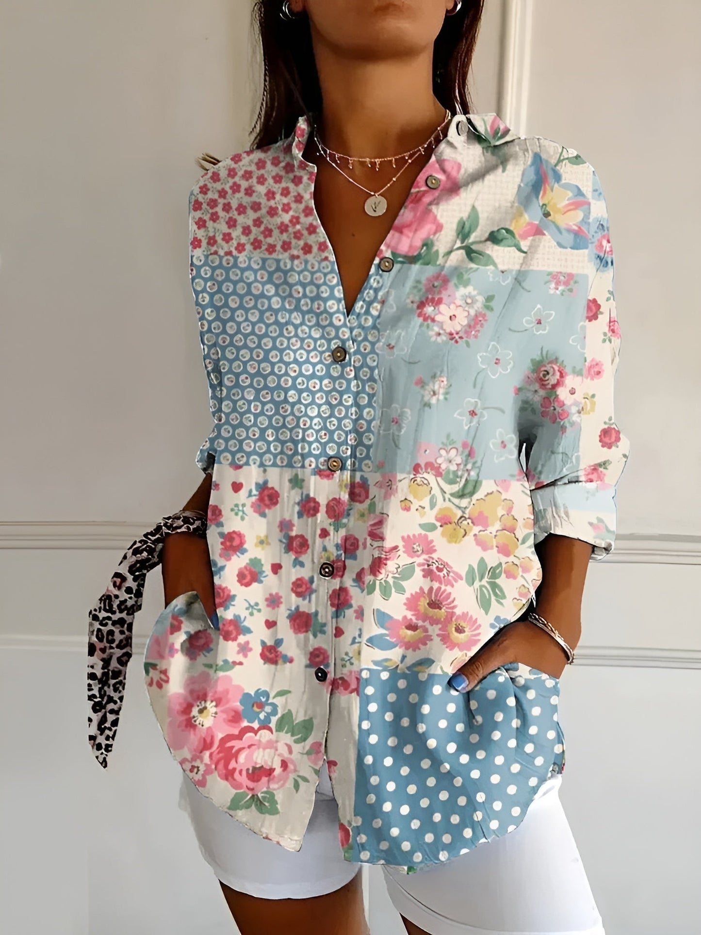 Women's Abstract Print Blouse Split Neck