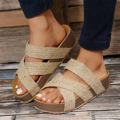 Women's Platform Slide Sandals Woven Cross Straps Ridged Sole