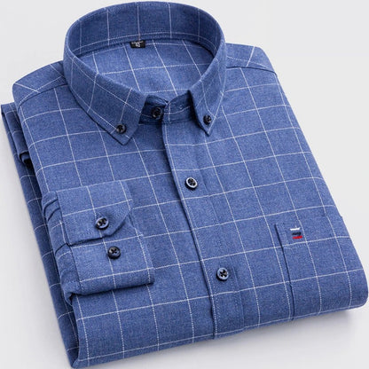 Men's Long Sleeve Check Shirt Cotton Button-Down Collar