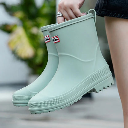 Women's Waterproof Mid-Calf Rain Boots Non-Slip Sole Black