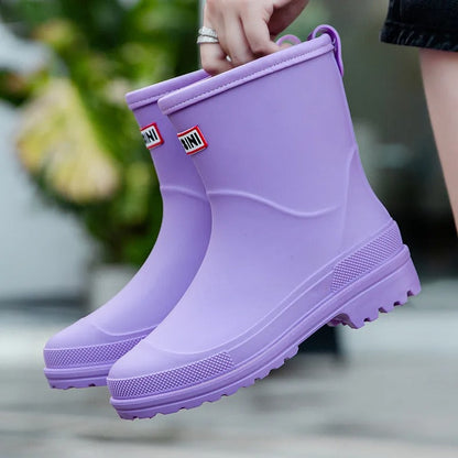 Women's Waterproof Mid-Calf Rain Boots Non-Slip Sole Black - Fashinoza