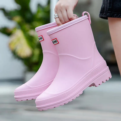 Women's Waterproof Mid-Calf Rain Boots Non-Slip Sole Black