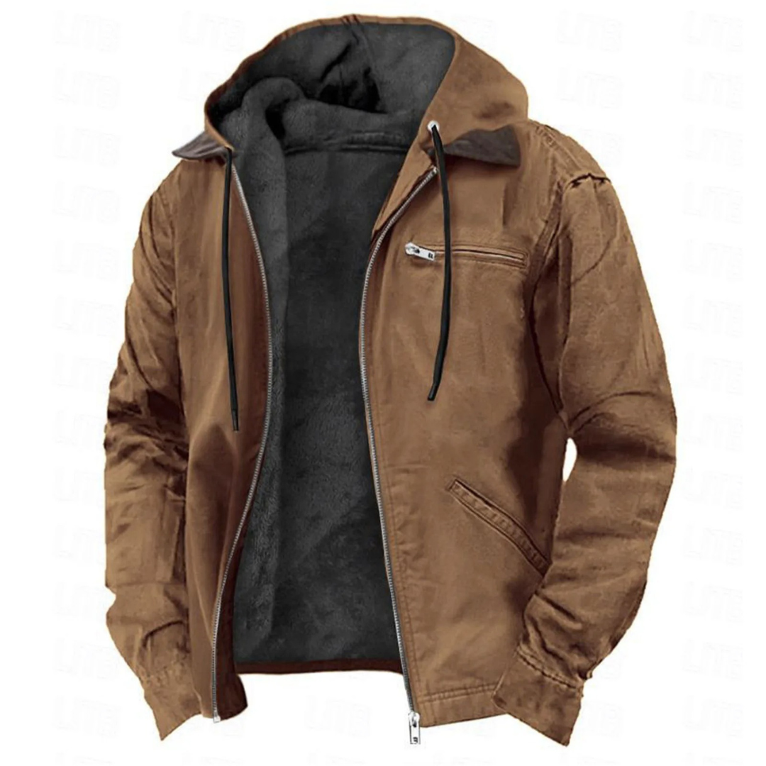 Men's Hooded Winter Jacket Zip Front Chest Pocket - 
Fashinoza
