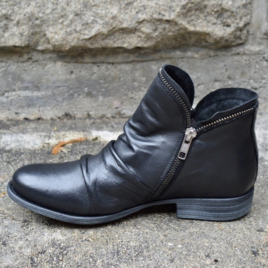 Women's Ankle Boots Low Heel Ruched Detailing Black - Fashinoza