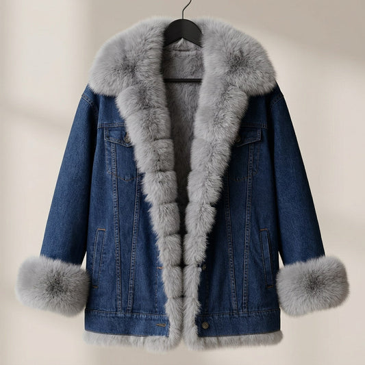 Women's Long Sleeve Denim Jacket Fur Collar Violet - Fashinoza