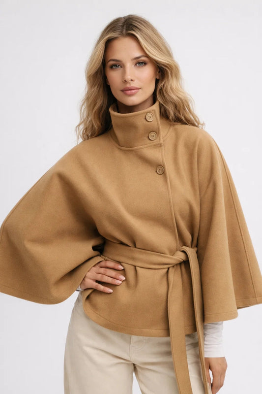Women's Belted Cape Wool Coat - Fashinoza