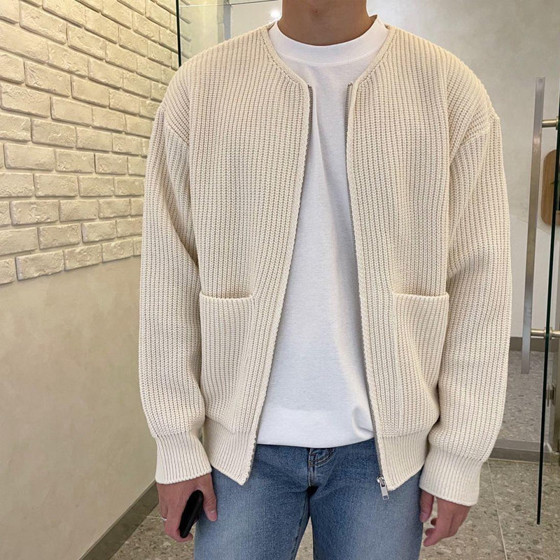 Men's Zip-Up Cardigan Sweater Ribbed Knit Round Neck Beige - Fashinoza
