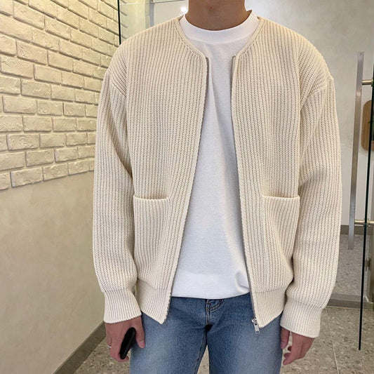 Men's Zip-Up Cardigan Sweater Ribbed Knit Round Neck Beige - Fashinoza