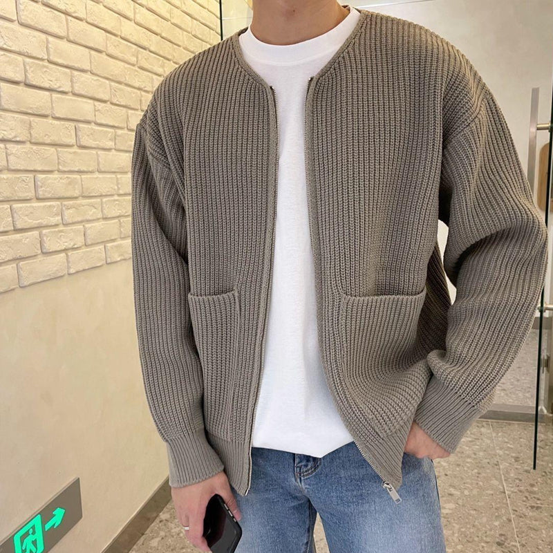 Men's Zip-Up Cardigan Sweater Ribbed Knit Round Neck Beige