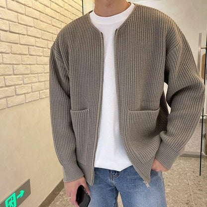 Men's Zip-Up Cardigan Sweater Ribbed Knit Round Neck Beige