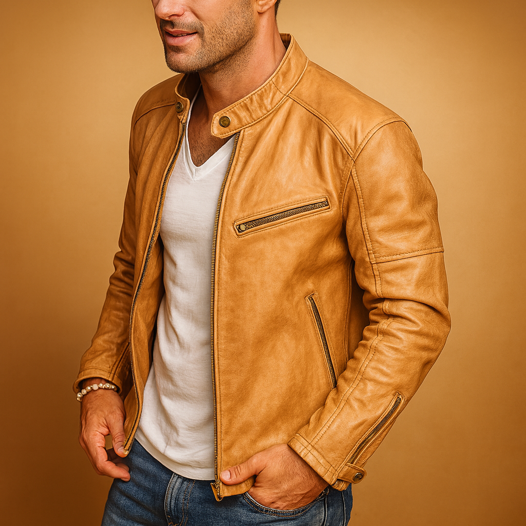 Men’s waterproof biker jacket with zip closure and slim fit, suitable for daily wear, commuting, and rainy autumn or winter days.