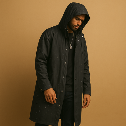 Men’s waterproof long raincoat with durable EVA material and comfortable fit, suitable for walking, camping, and outdoor use in rainy conditions.